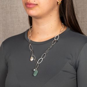 Collier schakel zilver + Aquamarijn + Parel + Labradoriet