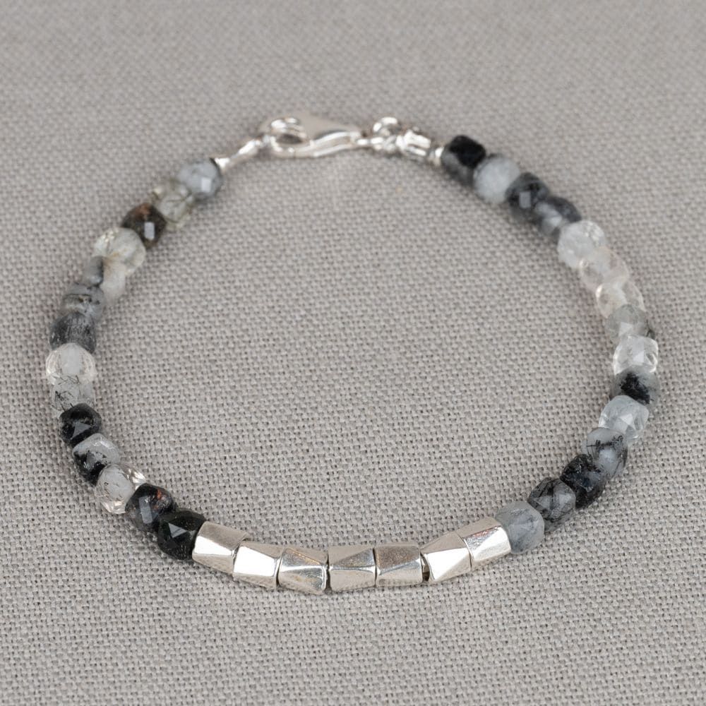 Bracelet Black Rutile + silver angular tubes